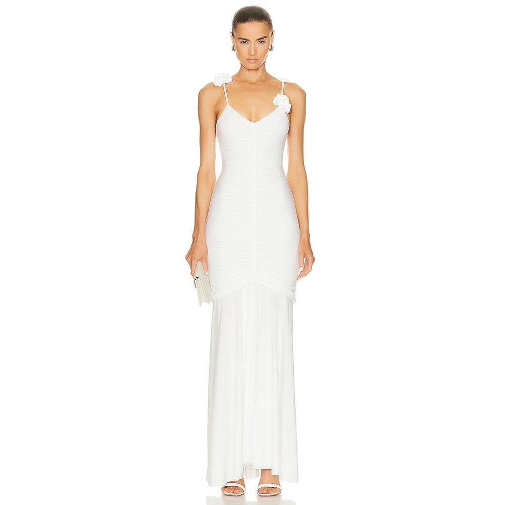 Sexy Pleated 3D Flower Spaghetti Strap V-Neck Split dress - REBECATHELABEL