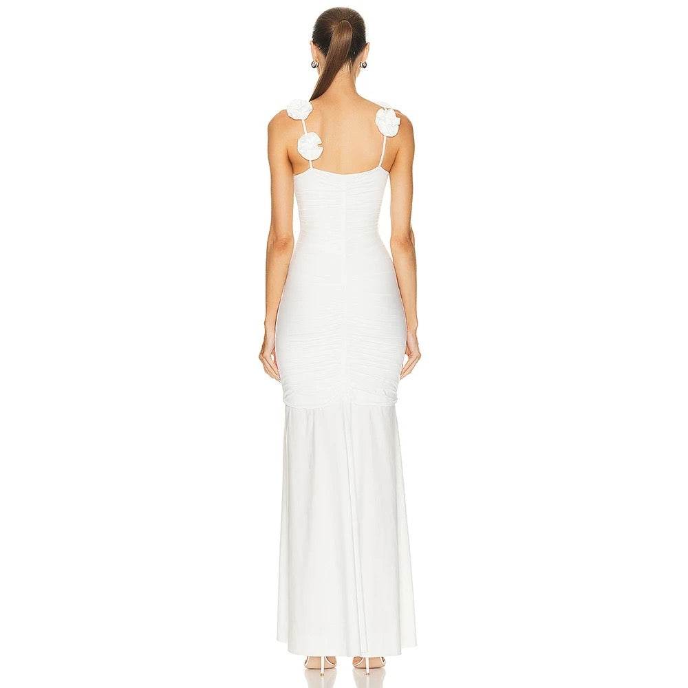 Sexy Pleated 3D Flower Spaghetti Strap V-Neck Split dress - REBECATHELABEL