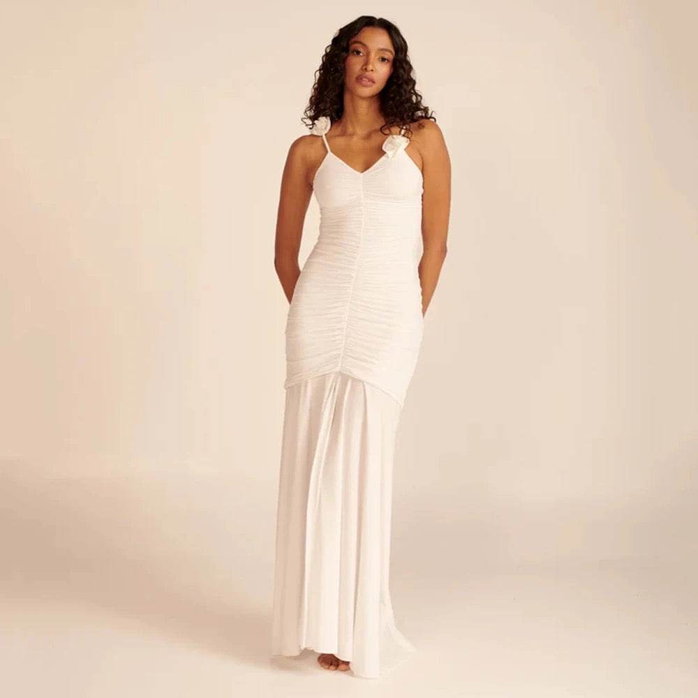 Sexy Pleated 3D Flower Spaghetti Strap V-Neck Split dress - REBECATHELABEL