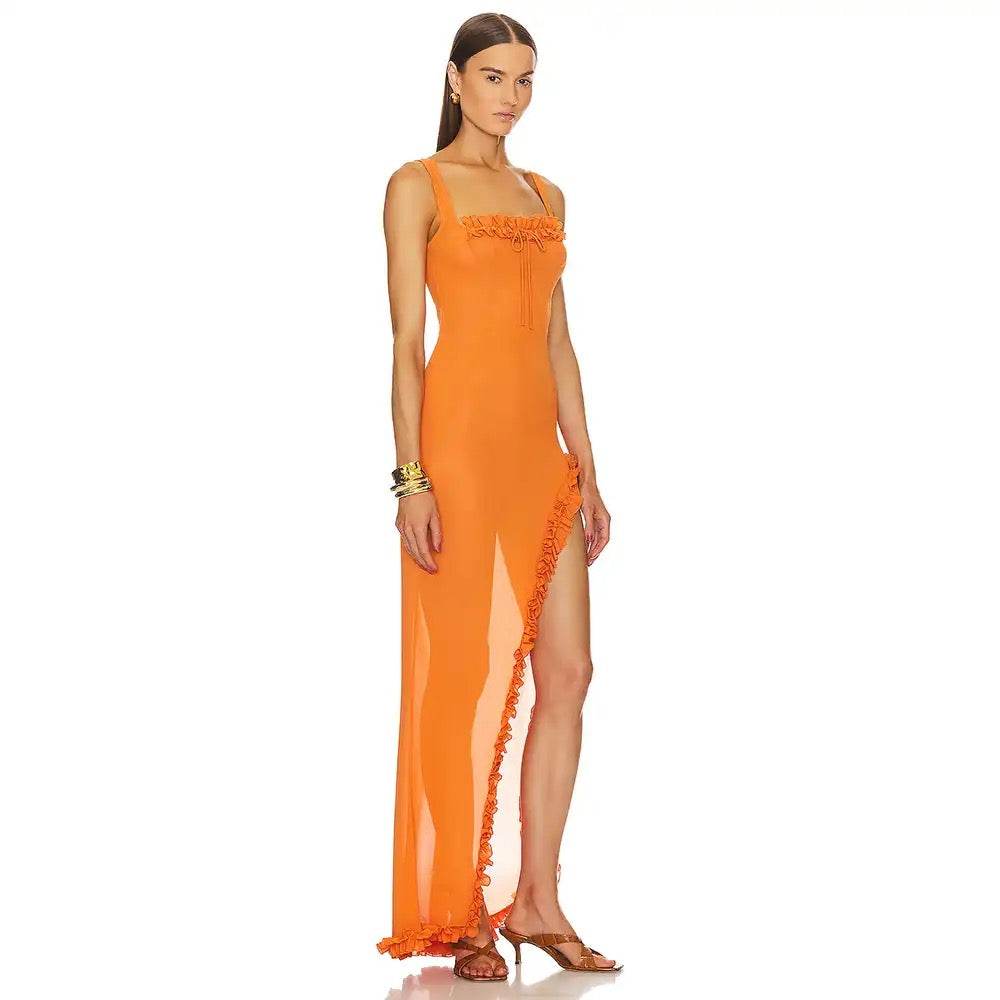 Sexy Sleeveless Tulle Pleated Strap Orange Irregular Maxi Dress - REBECATHELABEL