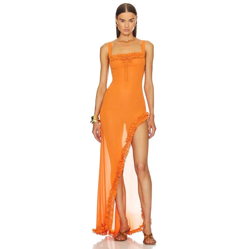 Sexy Sleeveless Tulle Pleated Strap Orange Irregular Maxi Dress - REBECATHELABEL