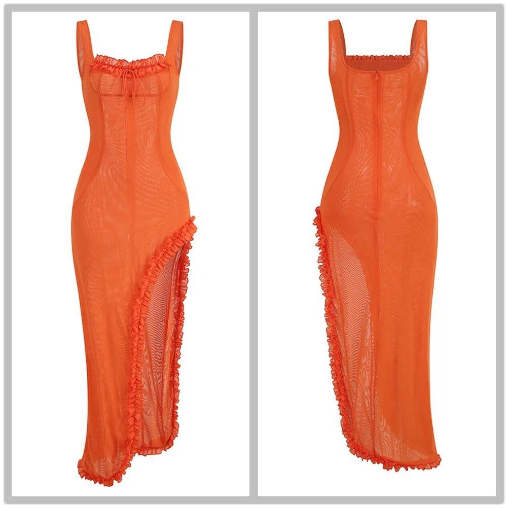 Sexy Sleeveless Tulle Pleated Strap Orange Irregular Maxi Dress - REBECATHELABEL