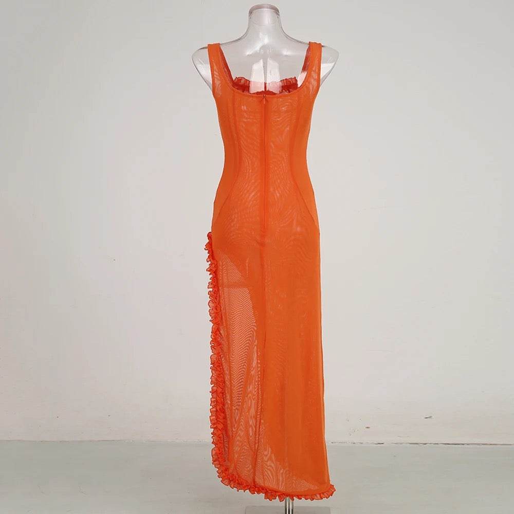 Sexy Sleeveless Tulle Pleated Strap Orange Irregular Maxi Dress - REBECATHELABEL
