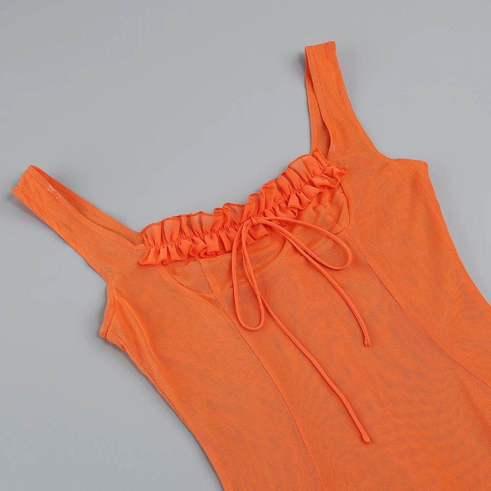 Sexy Sleeveless Tulle Pleated Strap Orange Irregular Maxi Dress - REBECATHELABEL