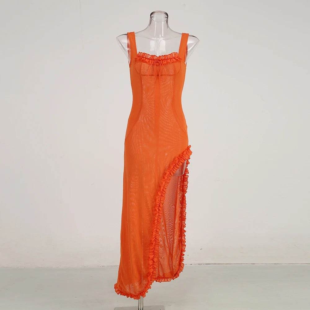 Sexy Sleeveless Tulle Pleated Strap Orange Irregular Maxi Dress - REBECATHELABEL