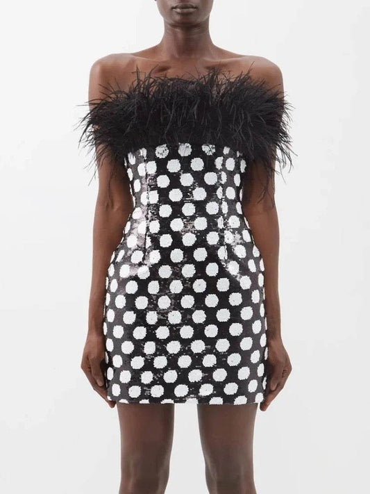 Sexy Strapless Feather Embedding Tight Mini Dress - REBECATHELABEL