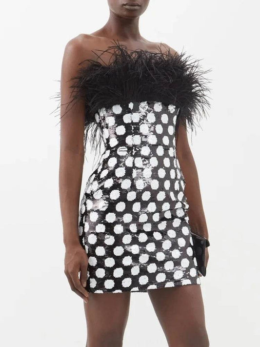 Sexy Strapless Feather Embedding Tight Mini Dress - REBECATHELABEL