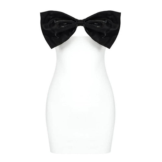 Sexy Strapless Sleeveless Bow Tie Black and White dress - REBECATHELABEL