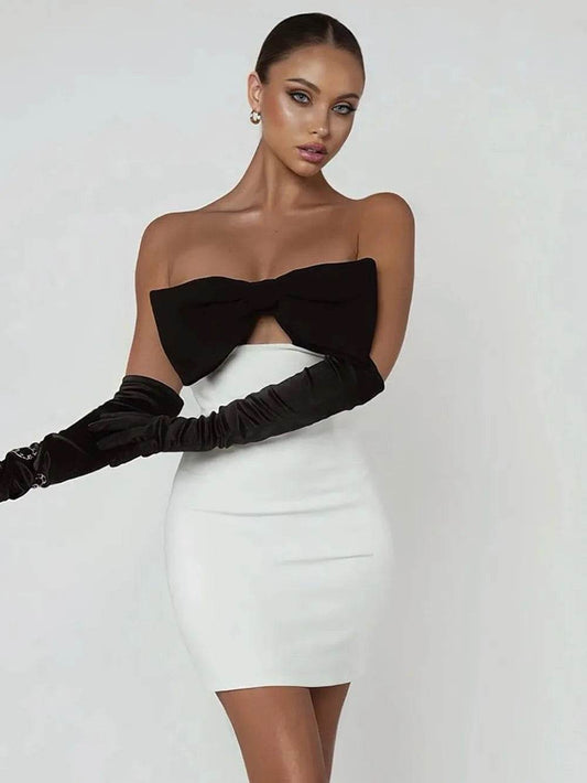 Sexy Strapless Sleeveless Bow Tie Black and White dress - REBECATHELABEL