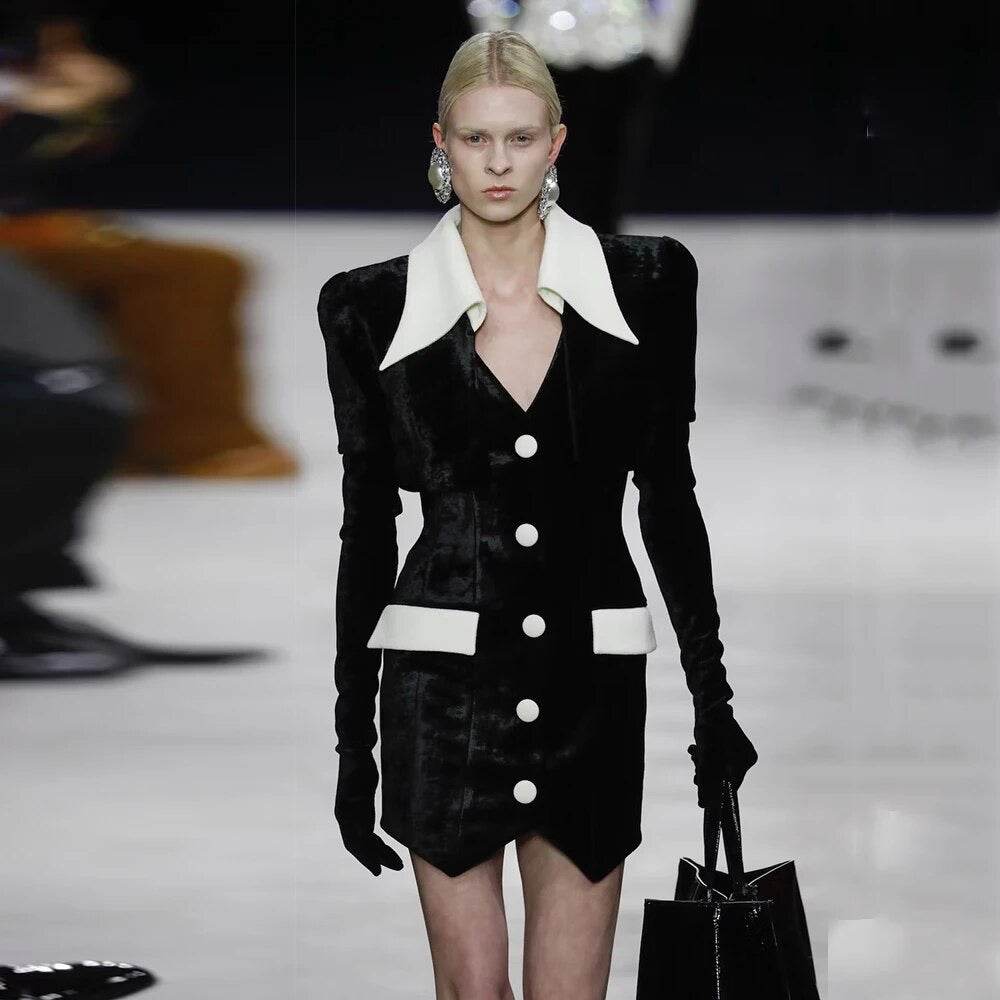 Short Sleeve Button Velvet Flip Neck Tight Short Dress - REBECATHELABEL