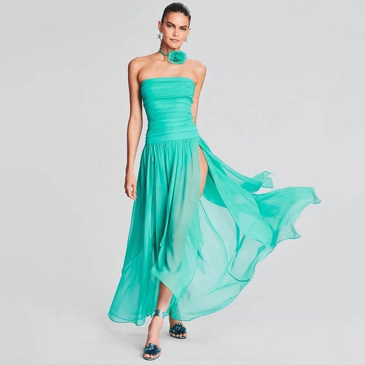 Sky Blue Sexy Strapless Pleated Open Back Long Dress - REBECATHELABEL