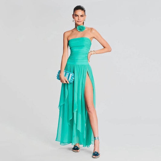 Sky Blue Sexy Strapless Pleated Open Back Long Dress - REBECATHELABEL