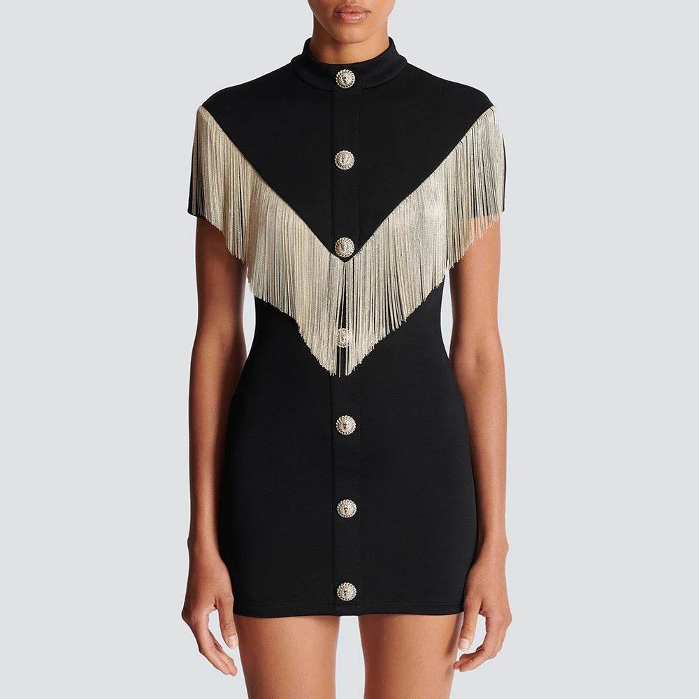 Sleeve Sexy Tassel Button Tight Mini Bandage Party Dress - REBECATHELABEL