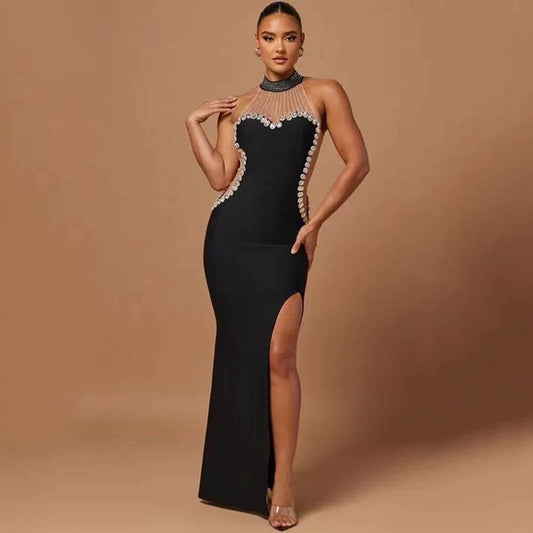 Sleeveless Diamond Mesh Long Bandage Dress - REBECATHELABEL