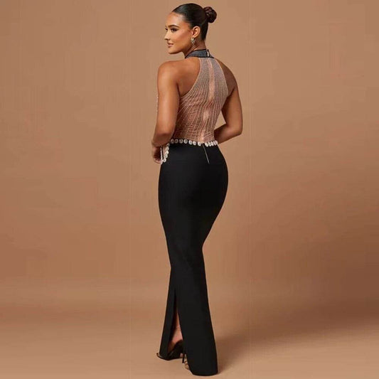 Sleeveless Diamond Mesh Long Bandage Dress - REBECATHELABEL