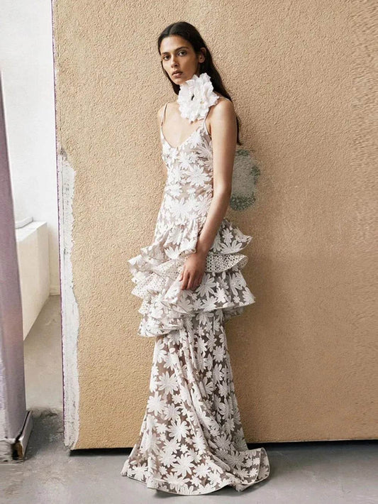 Sleeveless Flower Layered Lace Maxi Dress - REBECATHELABEL