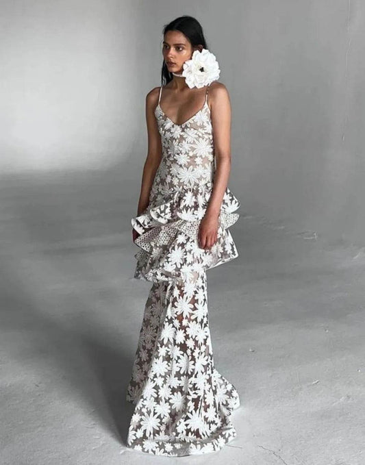 Sleeveless Flower Layered Lace Maxi Dress - REBECATHELABEL