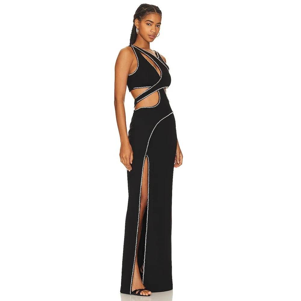 Sleeveless Hollow Beaded Black V-neck Side Split Tight Long Dress - REBECATHELABEL