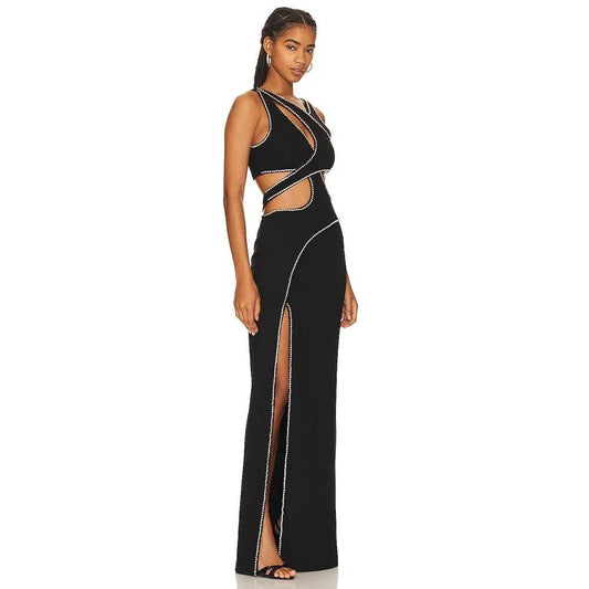 Sleeveless Hollow Beaded Black V-neck Side Split Tight Long Dress - REBECATHELABEL