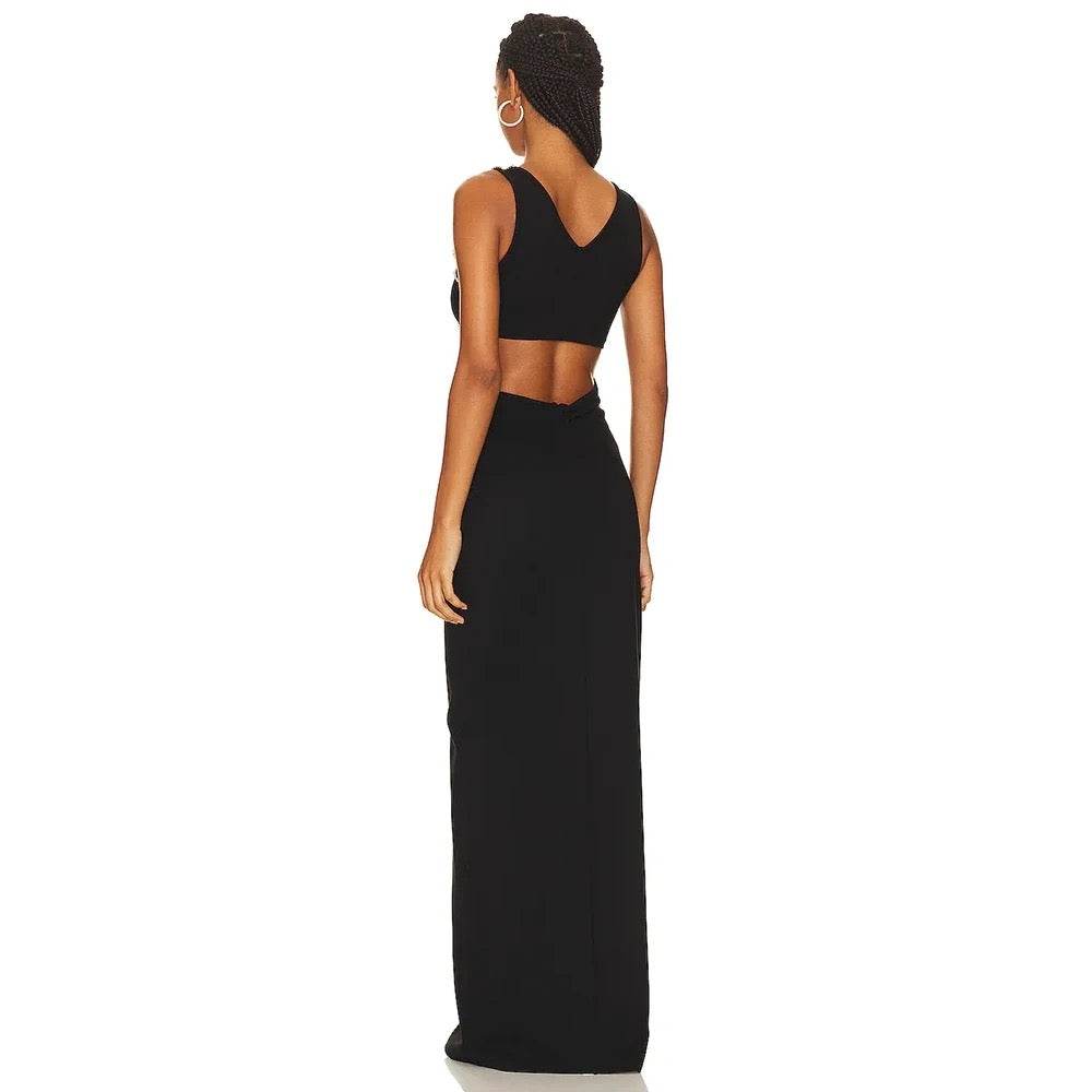 Sleeveless Hollow Beaded Black V-neck Side Split Tight Long Dress - REBECATHELABEL