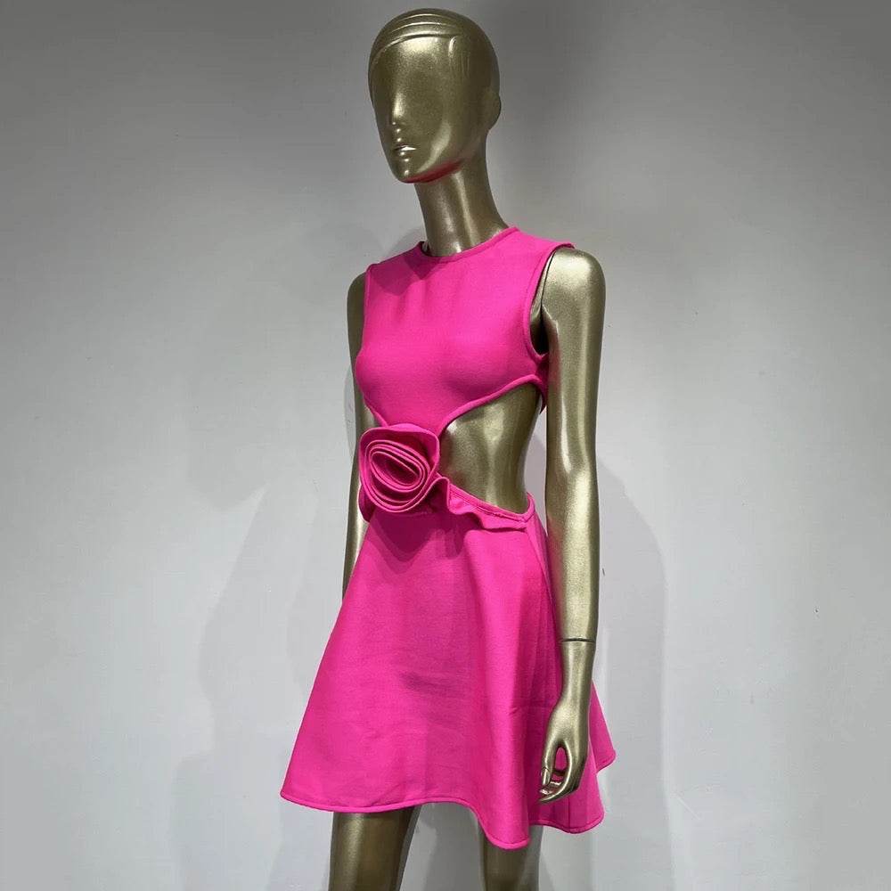 Sleeveless Hollow Flower Hot Pink A-Line Mini Tight Strap Dress - REBECATHELABEL