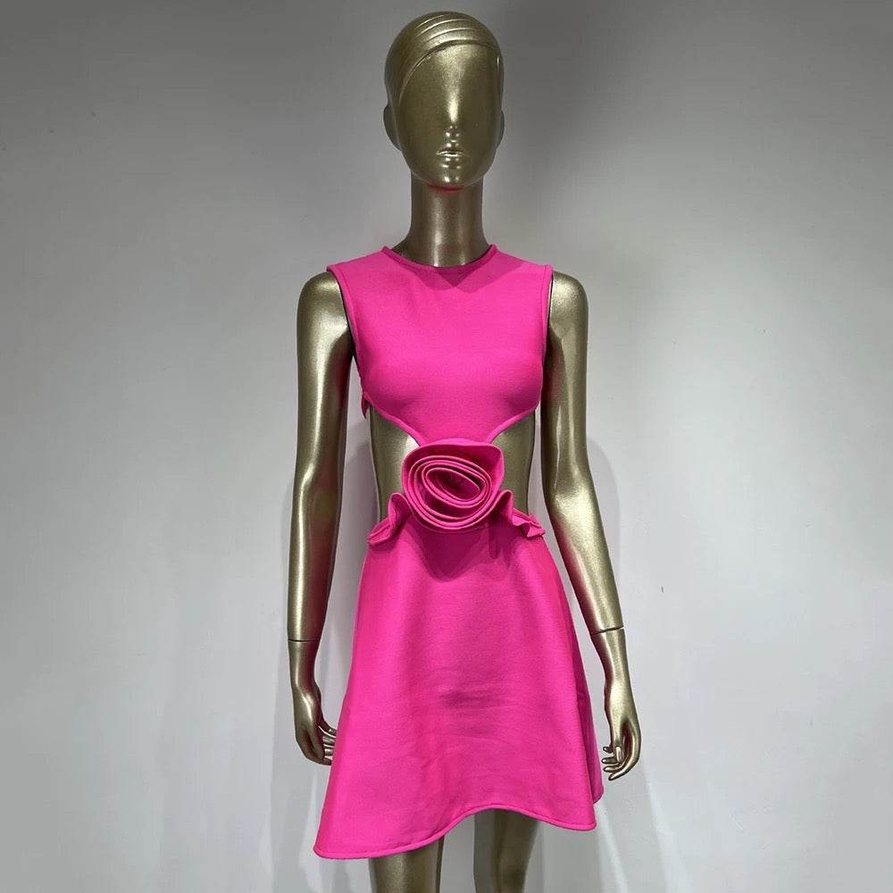 Sleeveless Hollow Flower Hot Pink A-Line Mini Tight Strap Dress - REBECATHELABEL