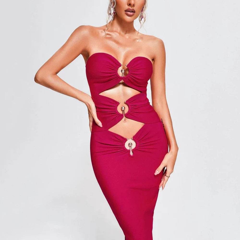 Sleeveless Solid Hollow Fit Midi Bandage Dress - REBECATHELABEL