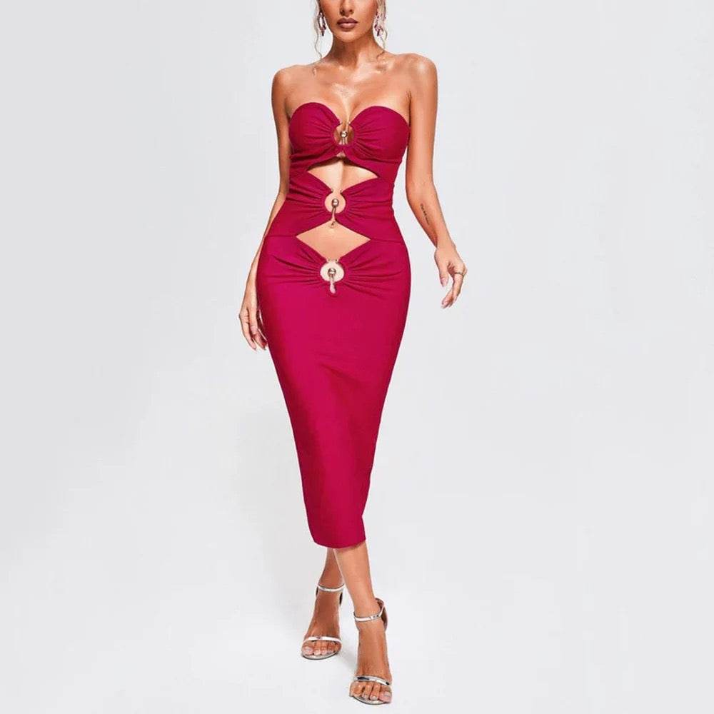 Sleeveless Solid Hollow Fit Midi Bandage Dress - REBECATHELABEL