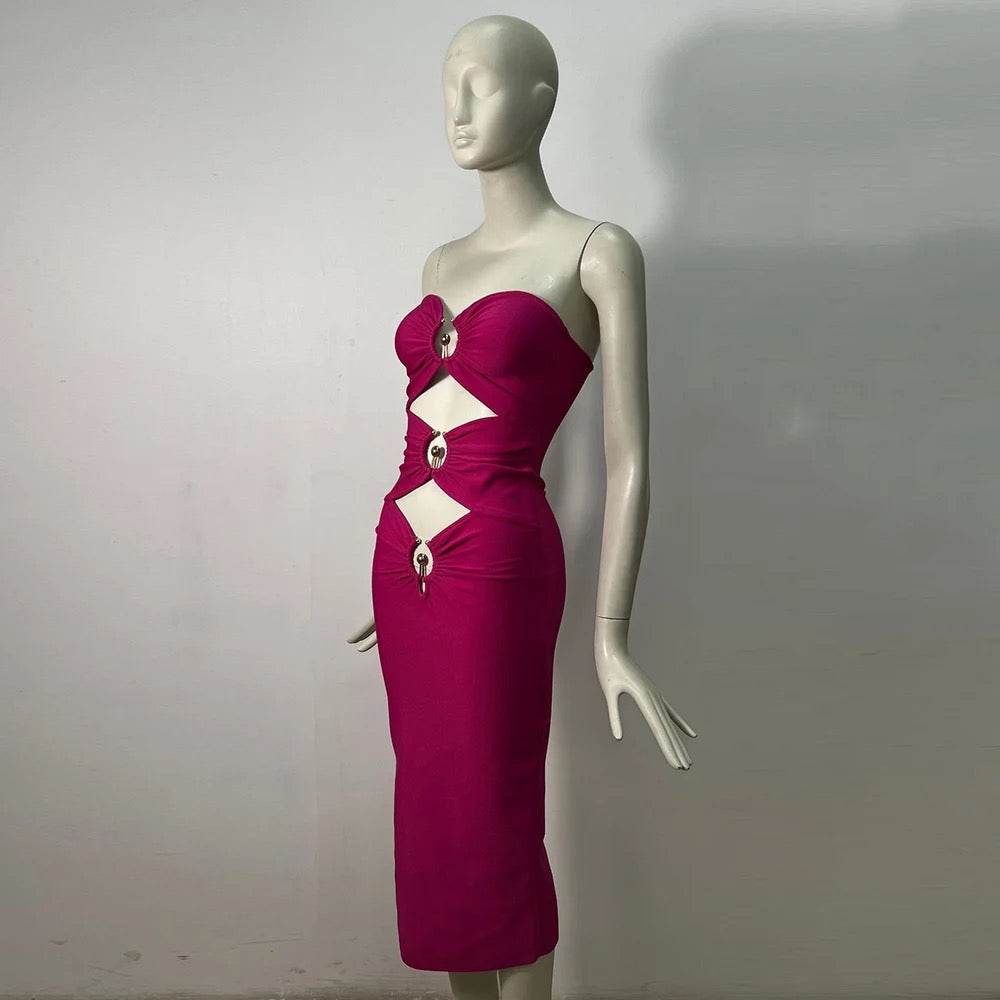 Sleeveless Solid Hollow Fit Midi Bandage Dress - REBECATHELABEL