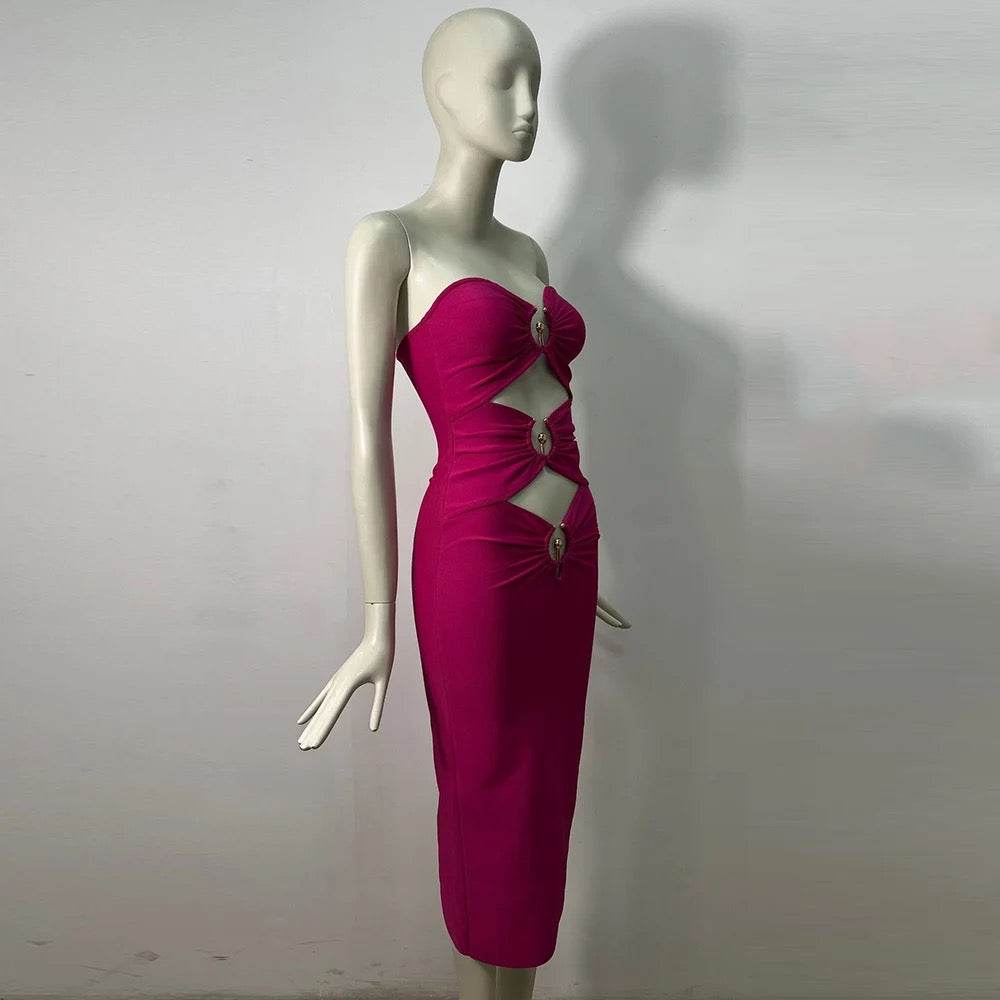 Sleeveless Solid Hollow Fit Midi Bandage Dress - REBECATHELABEL