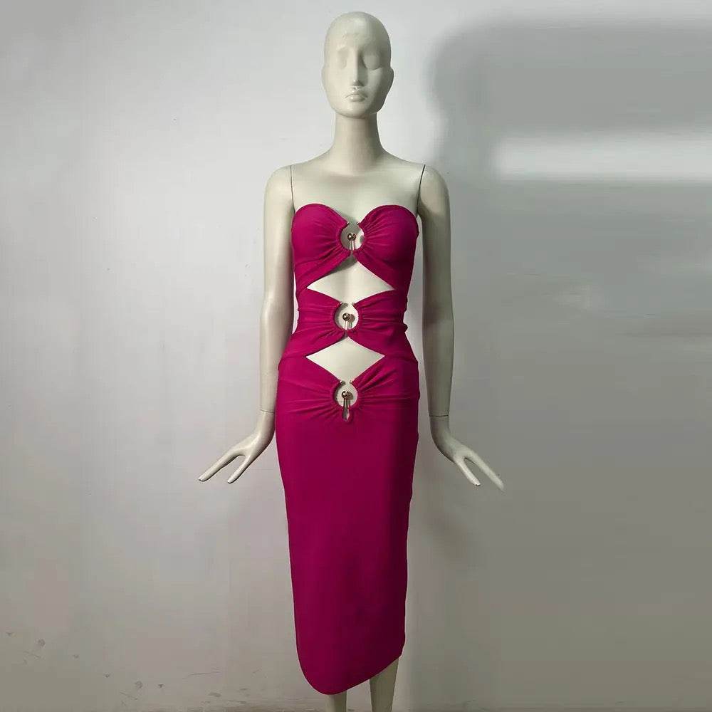 Sleeveless Solid Hollow Fit Midi Bandage Dress - REBECATHELABEL