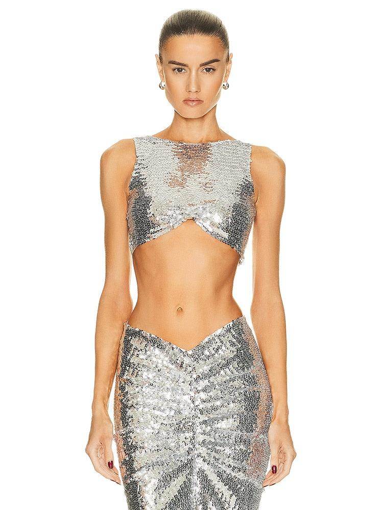 Sliver Tank Split Skirts Set Shiny Evening Set - REBECATHELABEL