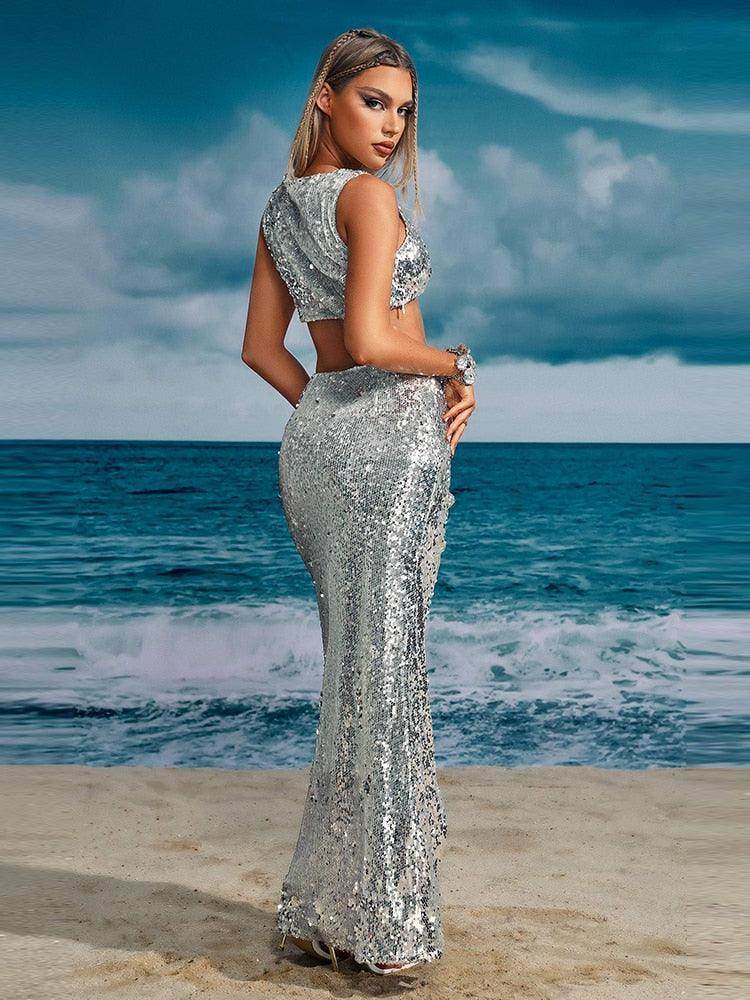 Sliver Tank Split Skirts Set Shiny Evening Set - REBECATHELABEL