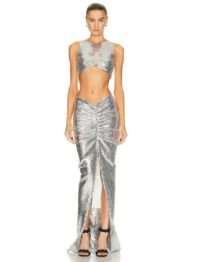 Sliver Tank Split Skirts Set Shiny Evening Set - REBECATHELABEL