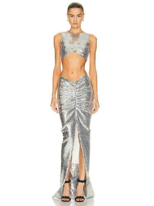 Sliver Tank Split Skirts Set Shiny Evening Set