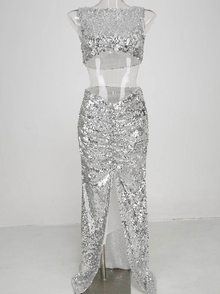Sliver Tank Split Skirts Set Shiny Evening Set - REBECATHELABEL