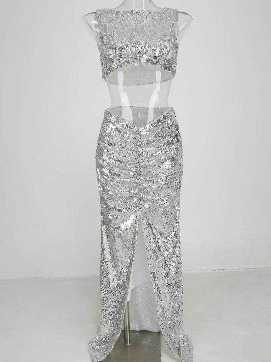Sliver Tank Split Skirts Set Shiny Evening Set