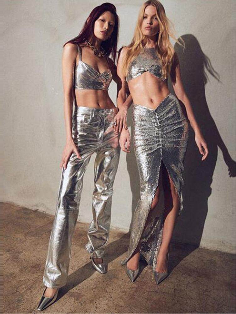Sliver Tank Split Skirts Set Shiny Evening Set - REBECATHELABEL