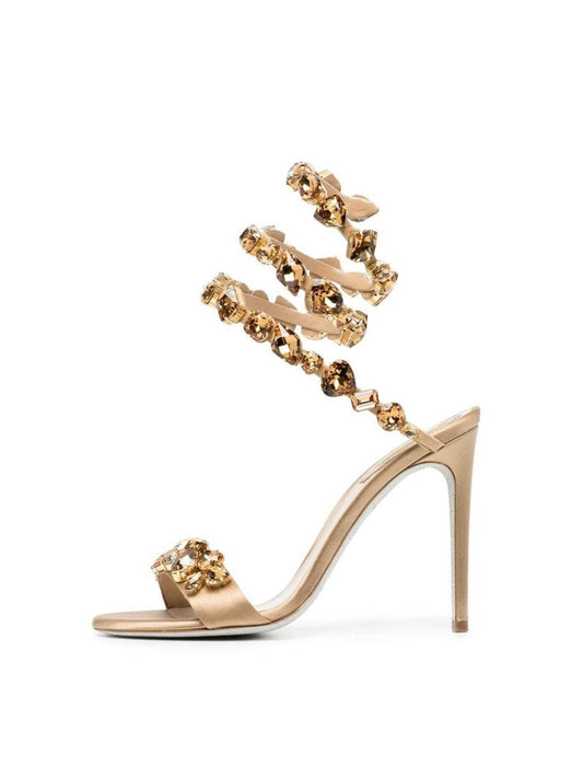Snake Rhinestone Sandals In Gold - REBECATHELABEL