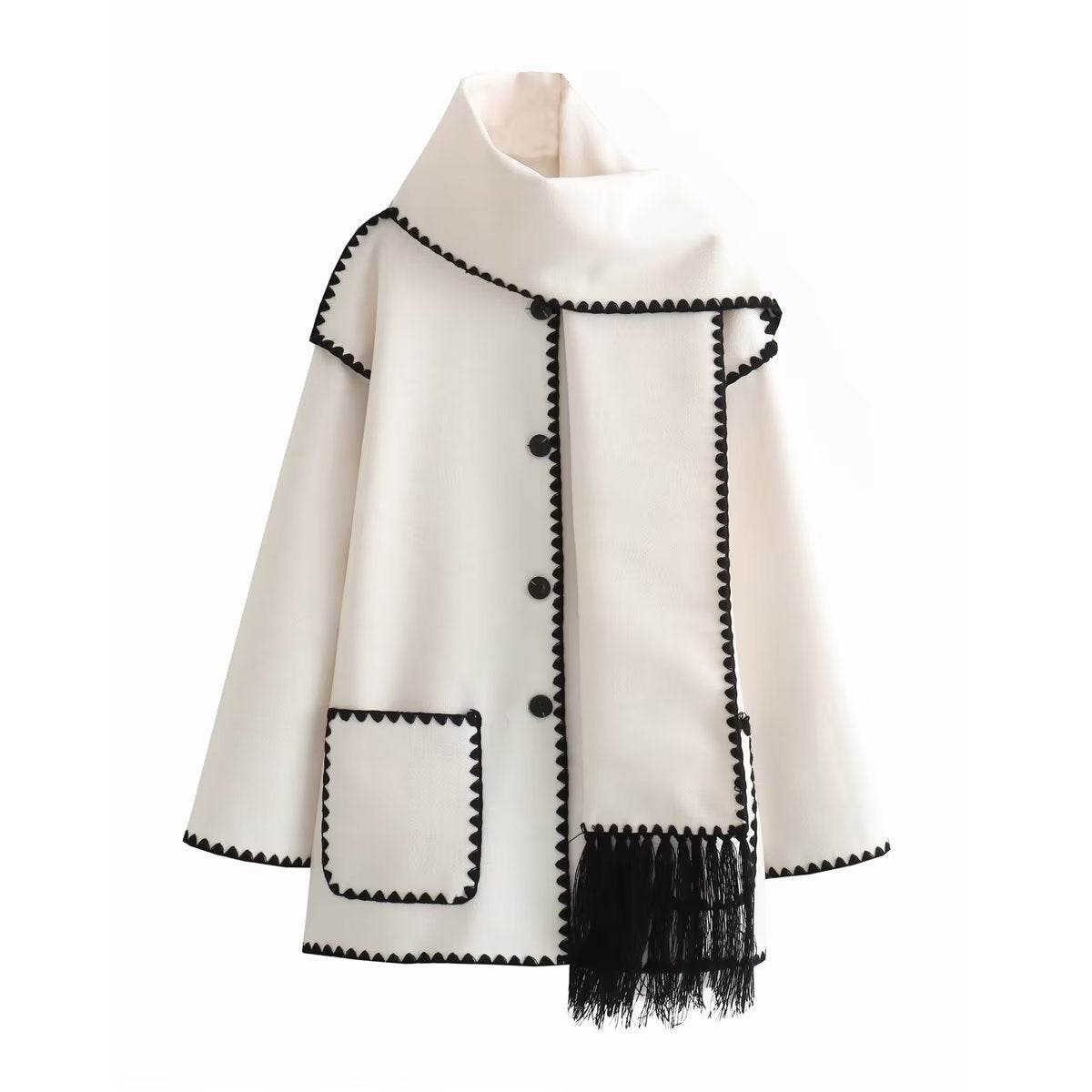 Solid Color Scarf Stitching Woolen Coat - REBECATHELABEL