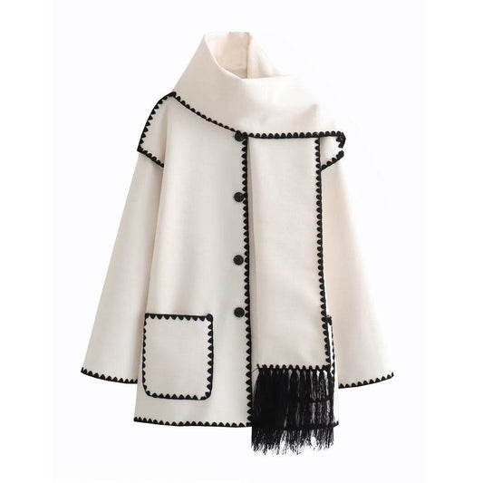 Solid Color Scarf Stitching Woolen Coat - REBECATHELABEL