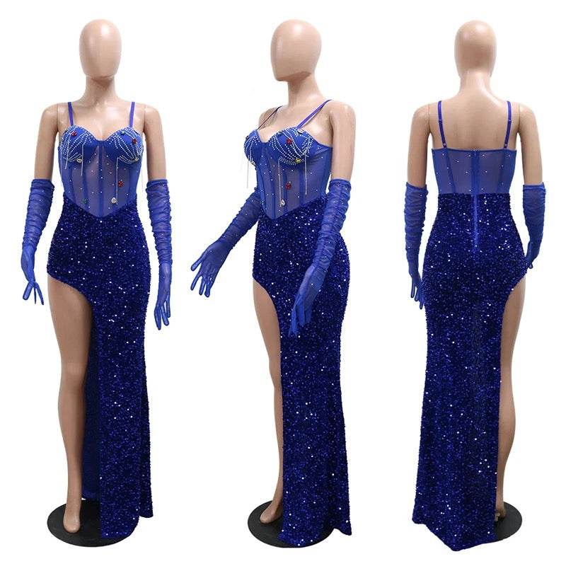 Solid Rhinestones Sequins Spaghetti Strap dress - REBECATHELABEL