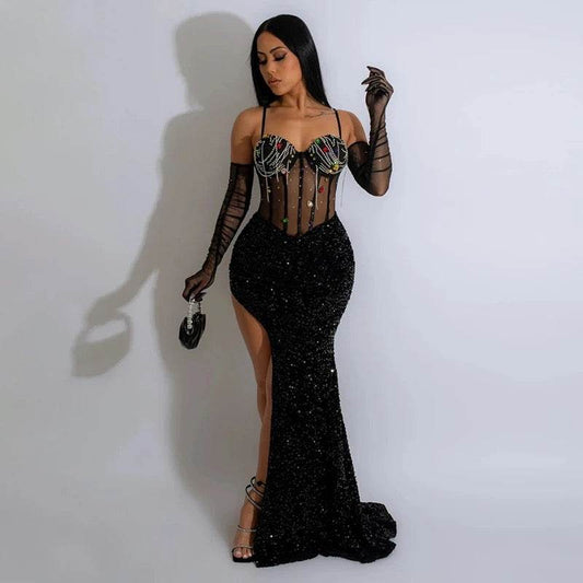 Solid Rhinestones Sequins Spaghetti Strap dress with gloves - REBECATHELABEL