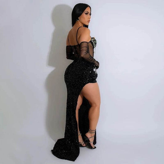 Solid Rhinestones Sequins Spaghetti Strap dress with gloves - REBECATHELABEL