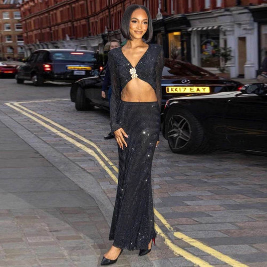 Sparkling Diamond Decoration Short Top Tight Skirt Set - REBECATHELABEL