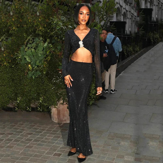 Sparkling Diamond Decoration Short Top Tight Skirt Set - REBECATHELABEL