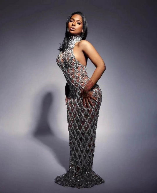 Sparkly Silver Big Rhinestone Transparent Long Dress - REBECATHELABEL