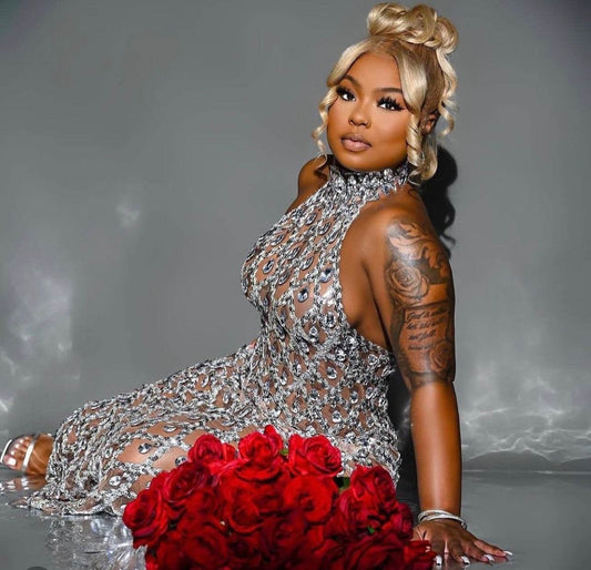 Sparkly Silver Big Rhinestone Transparent Long Dress - REBECATHELABEL