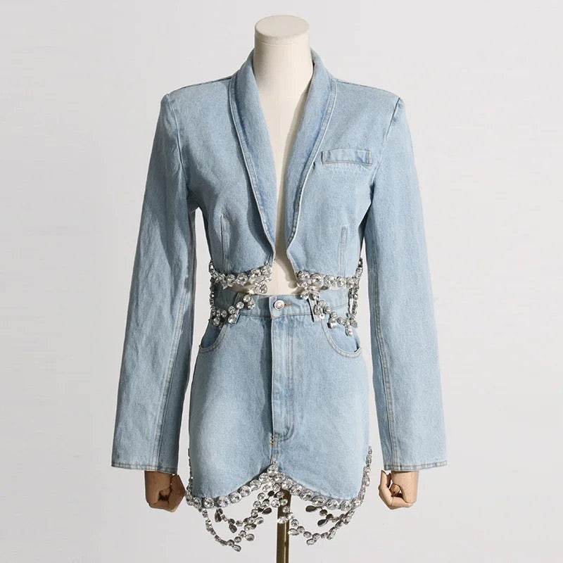 Spliced Diamonds Tassel Denim Two Piece Set - REBECATHELABEL