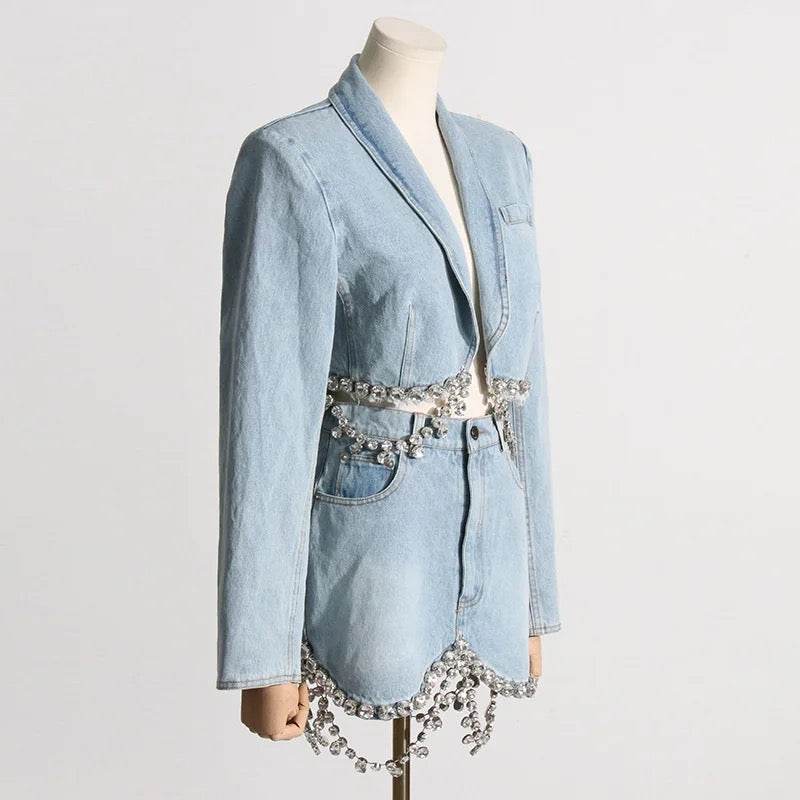 Spliced Diamonds Tassel Denim Two Piece Set - REBECATHELABEL